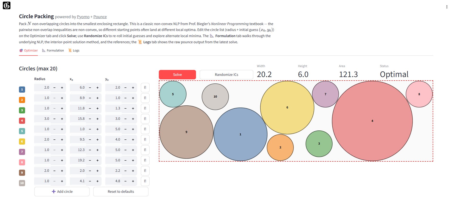 Circle Packing NLP optimizer — click to launch